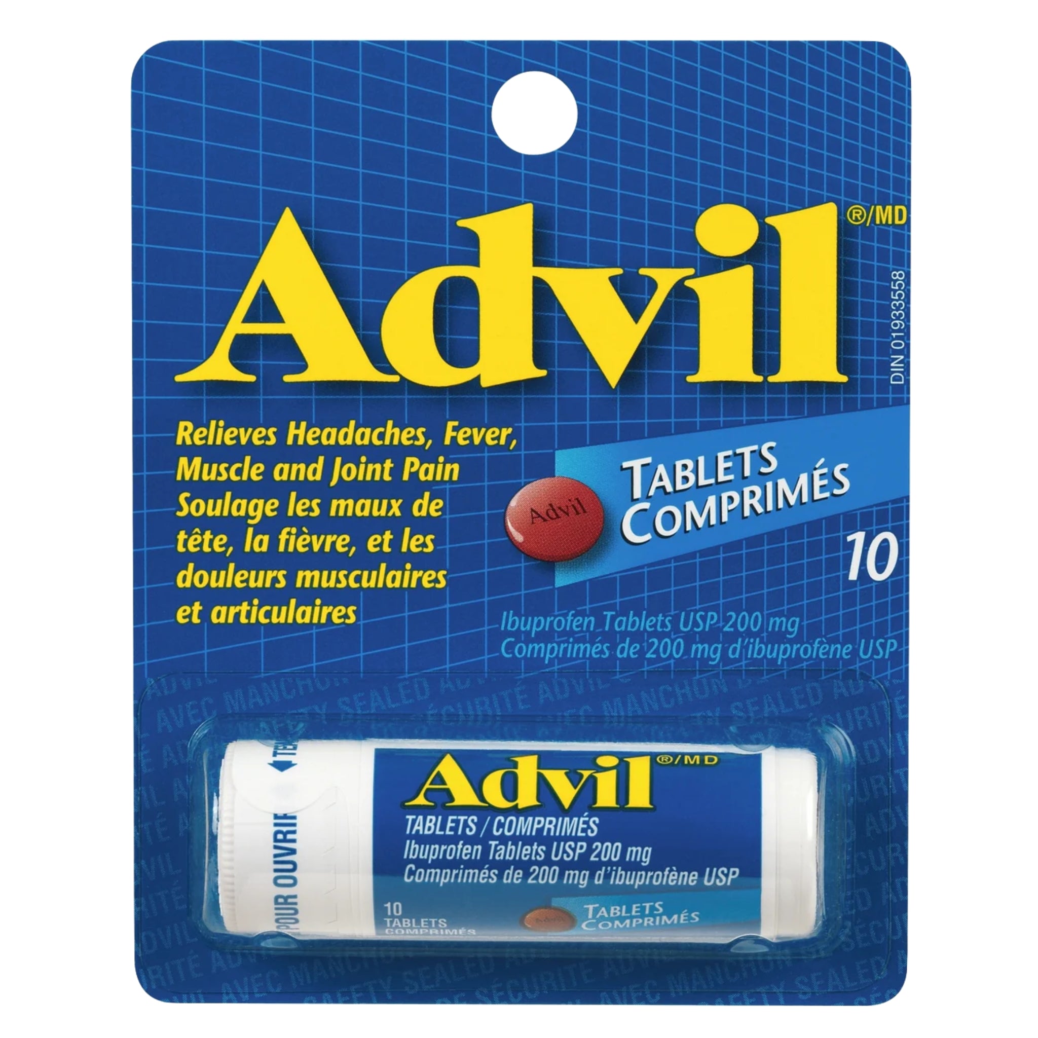 Comprimés d'ibuprofène Advil USP 200 mg, boîte de 10. - 12/Caisse (SKU : PHA-59)