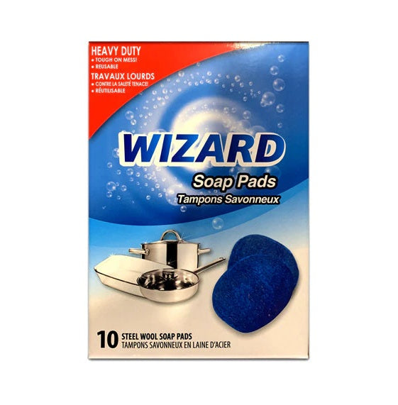 CLN-26: WIZARD SOS STEEL WOOL SOAPS PADS / TAMPONS SAVONNEUX EN LAINE D’ACIER SOS (1X10)